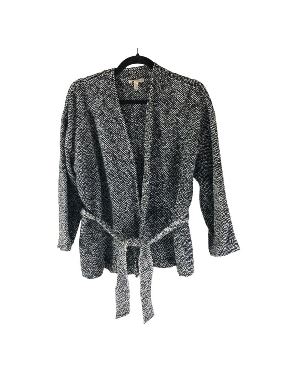 Eileen Fisher Black & White Organic Cotton Textured Open Cardigan Tie Waist S